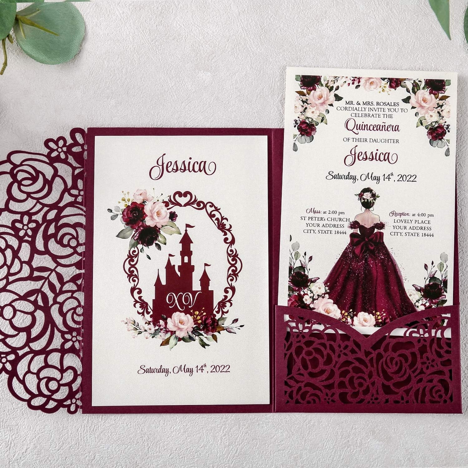 Burgundy Quinceanera Invite Kit – 4.7 x 7 inch, 50 Count