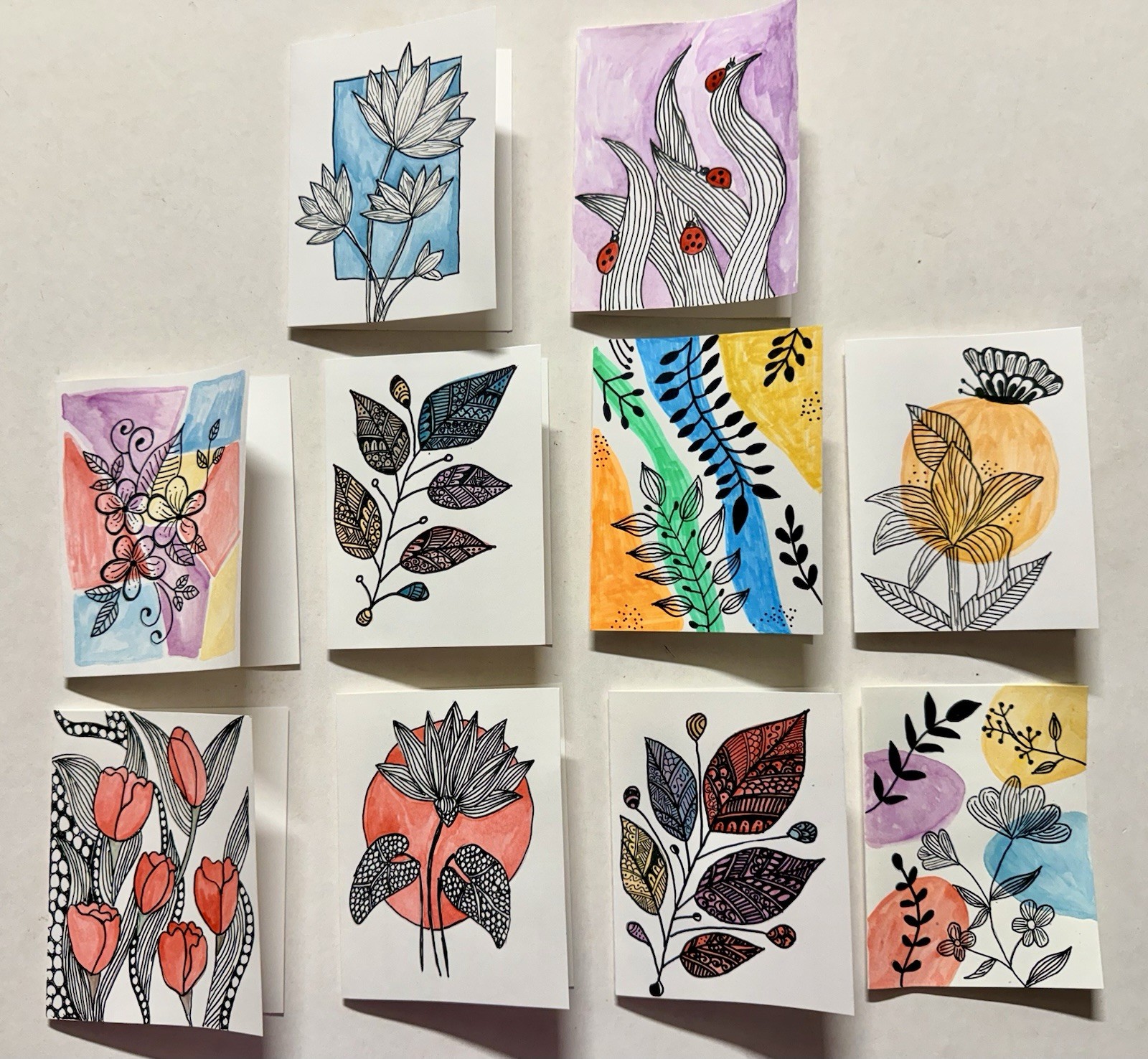 Handmade drawn watercolor FLORAL ladybug blank Greeting Card-Lot 10 Art