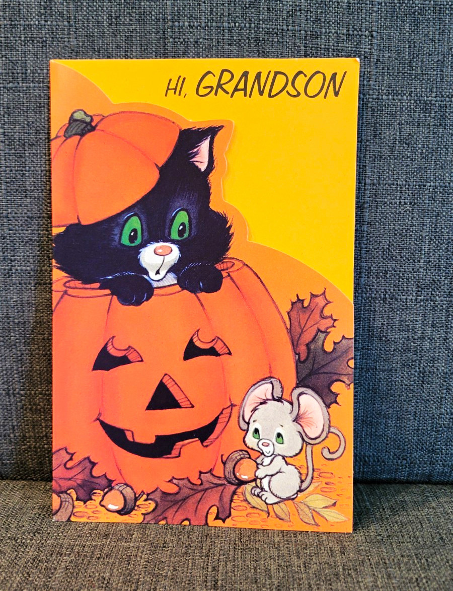 Vintage Halloween Grandson Greeting Card American Greetings Cat Pumpkin Retro