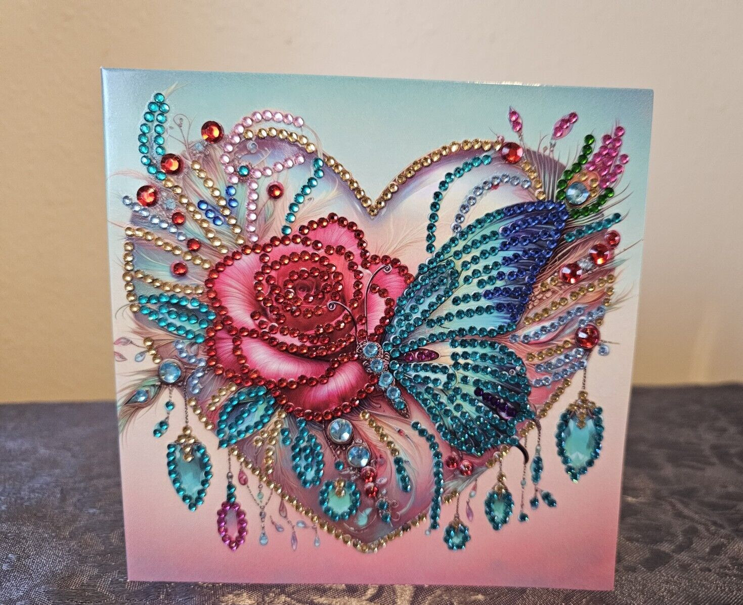 Embellished Greeting Card, acrylic gem embellished Rose and Butterfly