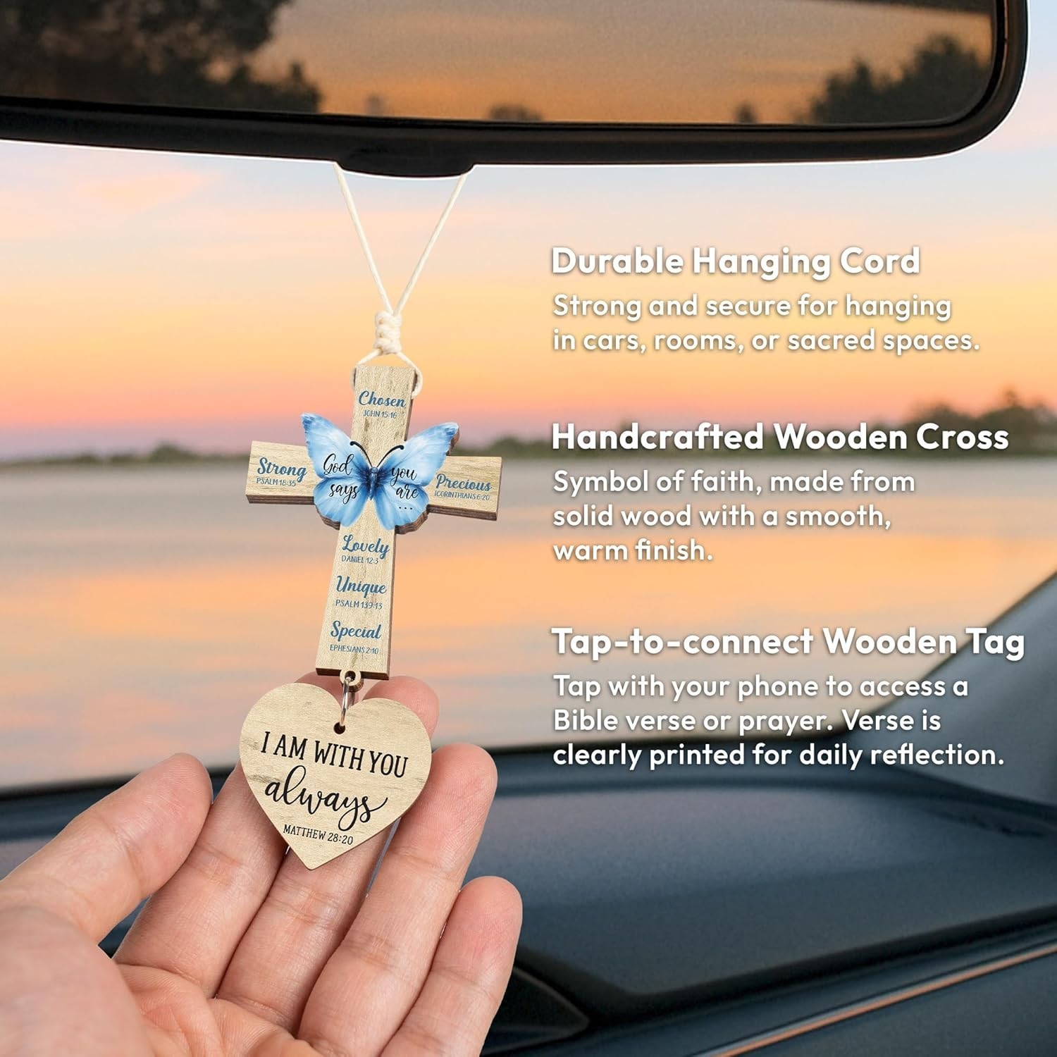 Fathers Day Dads Gift for Dad, Husband – Bible Verse Cross for Car Mirror Han…