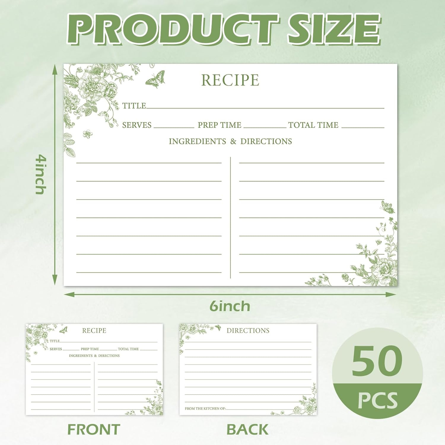 50Pcs Sage Green Floral Recipe Cards Double-Sided Green Flower Butterfly Blank R