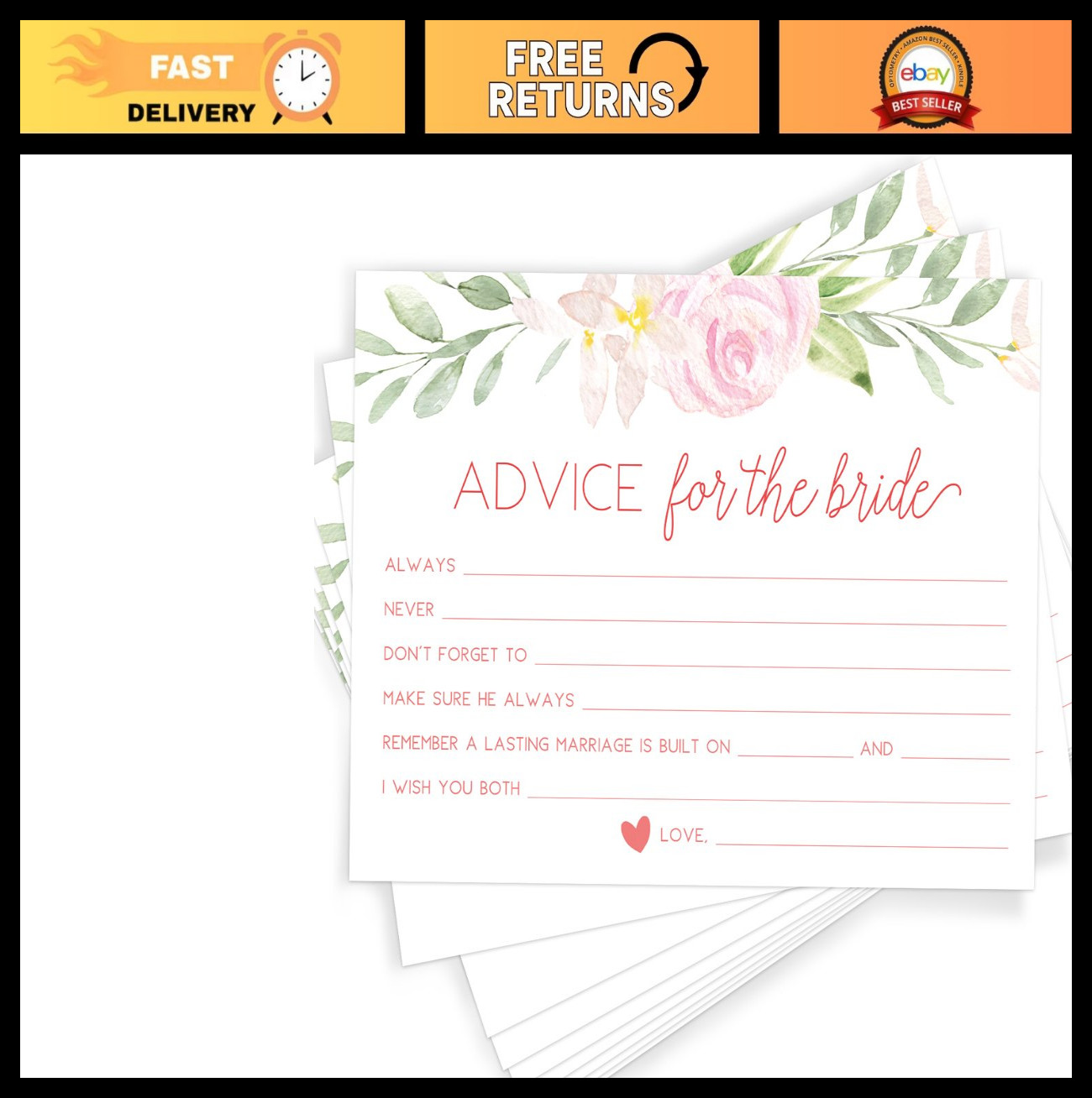 Wedding Advice Cards – Printed Bridal Shower Wishes & Games, Pink Floral, 50 Gue