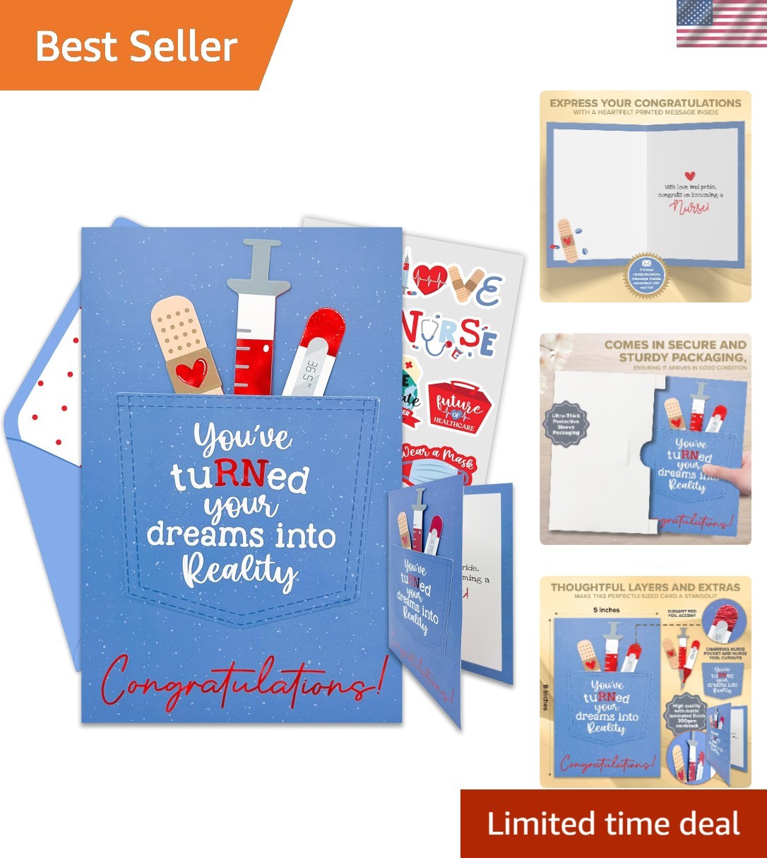 5×8 Nurse Graduation Card with Red Foil Typography & Customizable Stickers