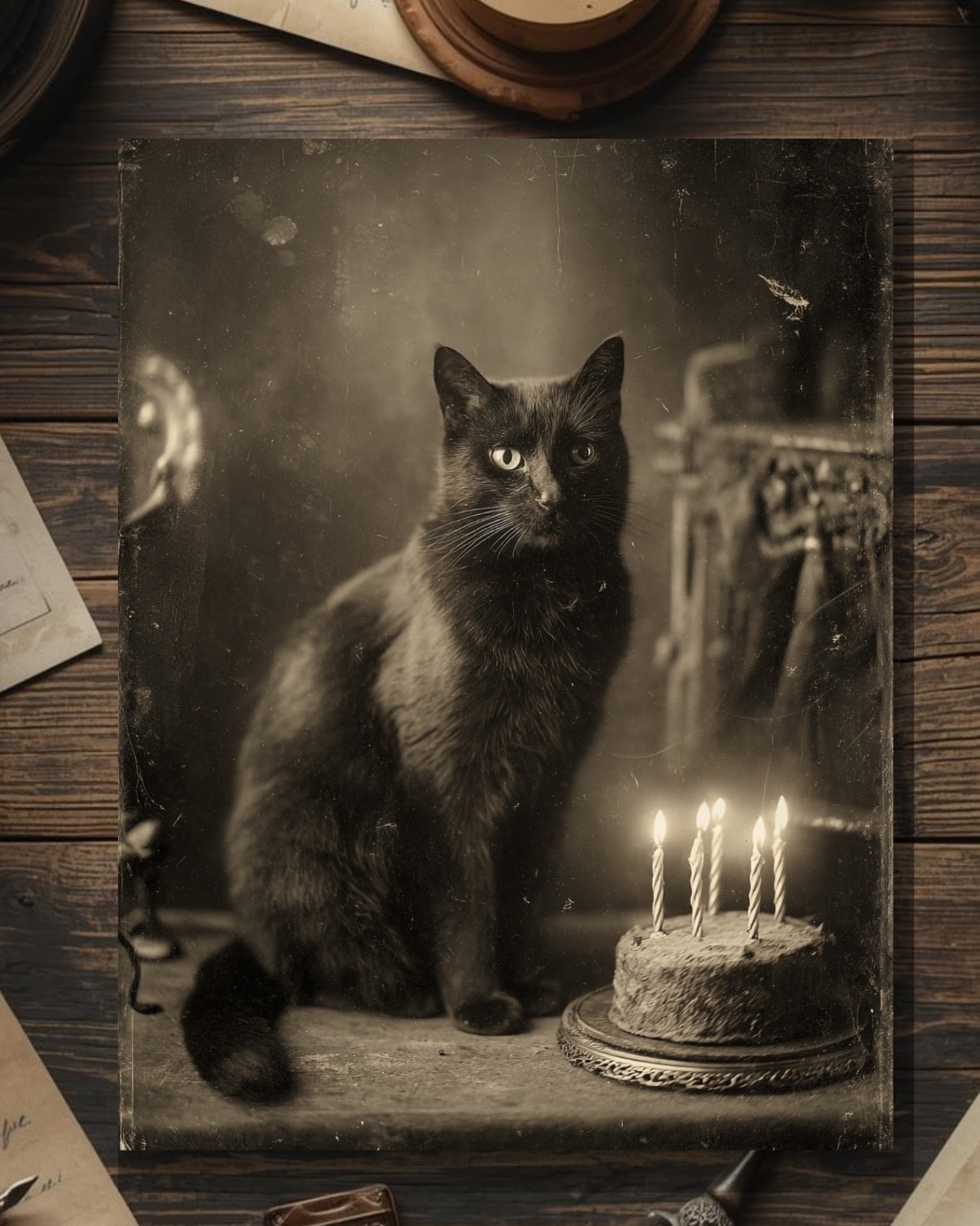 Vintage Victorian Black Cat with Birthday Cake Card Gothic Macabre Art Antique
