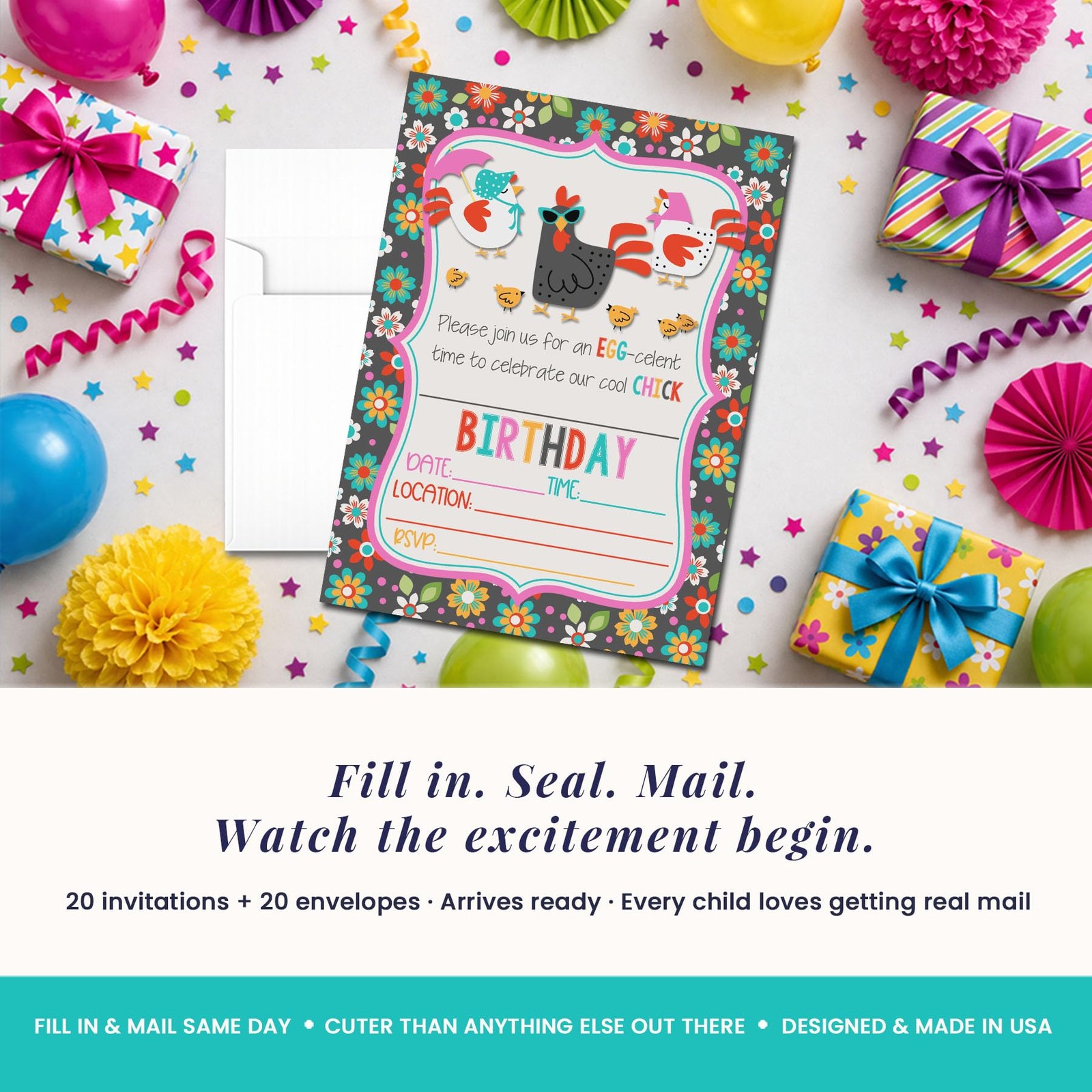 20 PCS Cool Chick Chicken Themed Birthday Party Invitations Cards 5×7 Inch