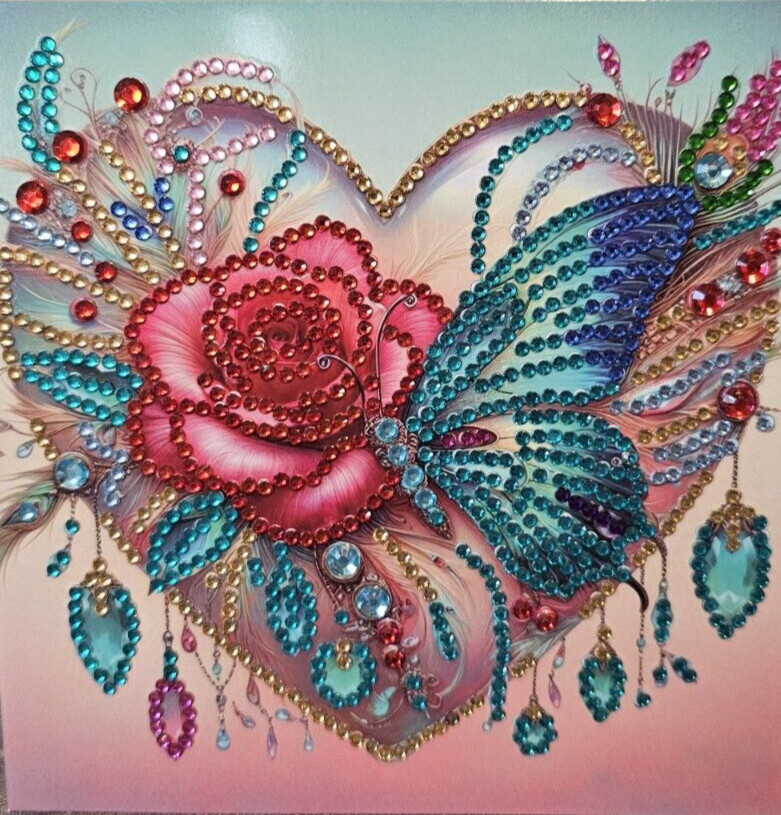 Embellished Greeting Card, acrylic gem embellished Rose and Butterfly