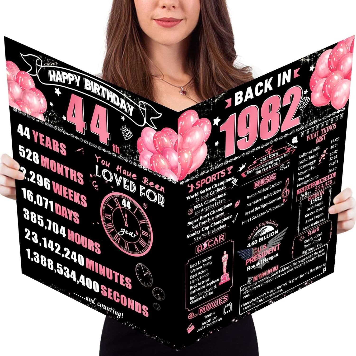 44th Jumbo Birthday Card Black Pink Retro 1982 Funny Gift