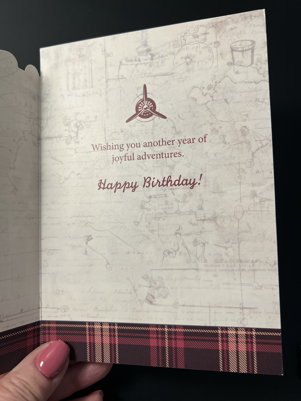 Vintage red flying Prop Airplane BIRTHDAY Card Compass w/ Plaid Envelope/Stamp