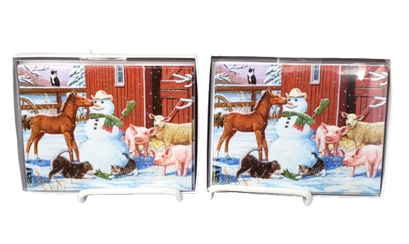 2 Pack Christmas Cards Leanin’ Tree 24 Total Farm Foal Pig Sheep Cat Dog Snowman