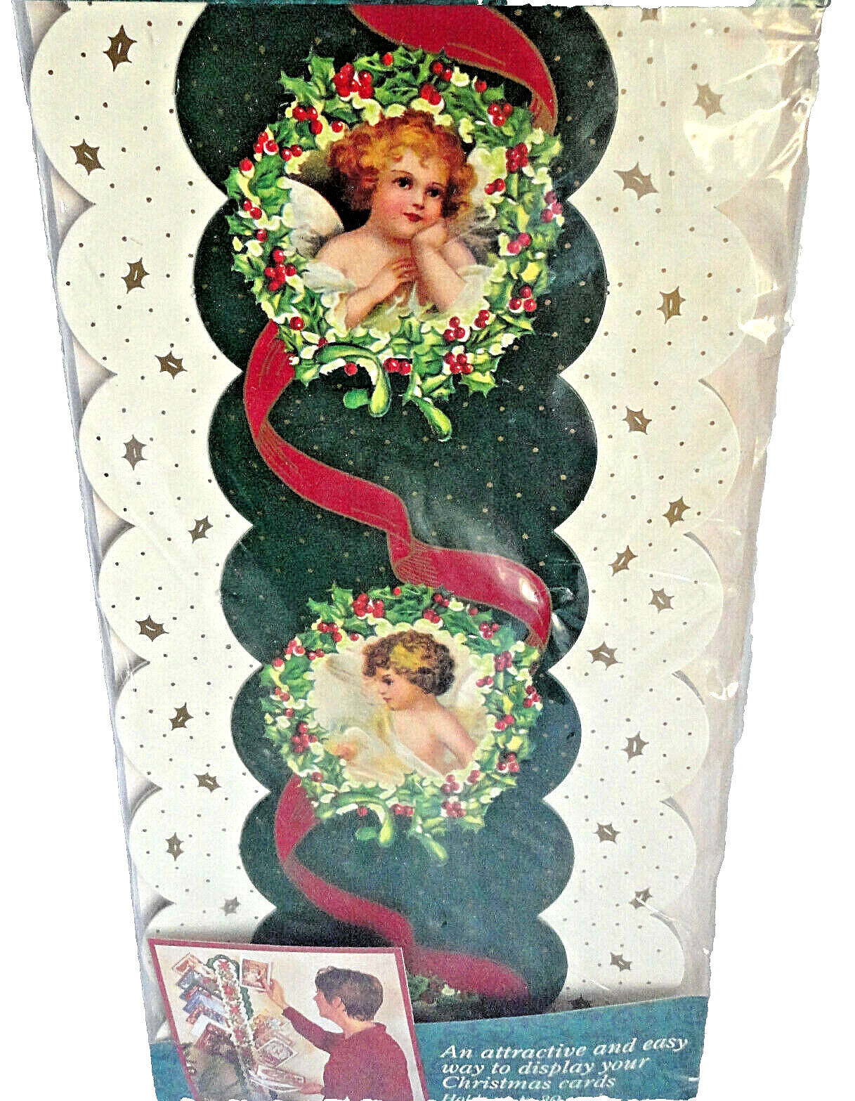 Card Display Holder 43″ L Christmas Green Red Cream Gold Holds 30 Cards NIP