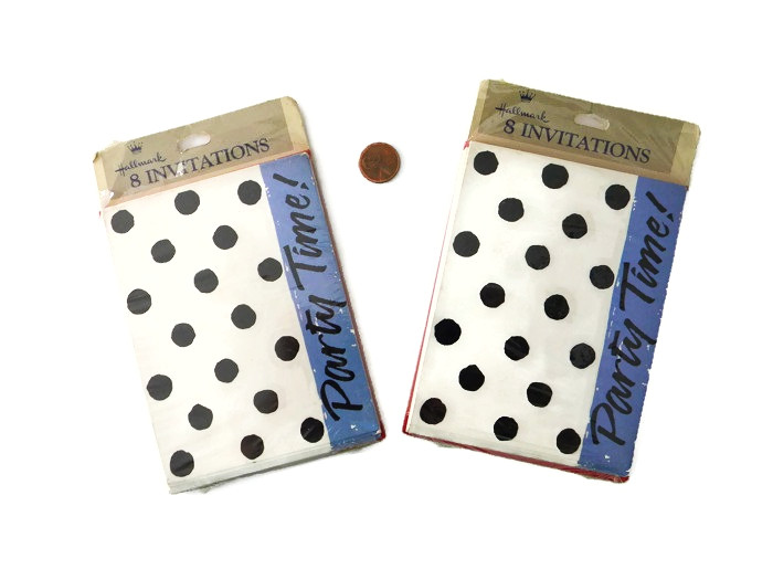 1968 Sealed Polka Dot Party Invitations Set of 8 by Hallmark Black White Blue