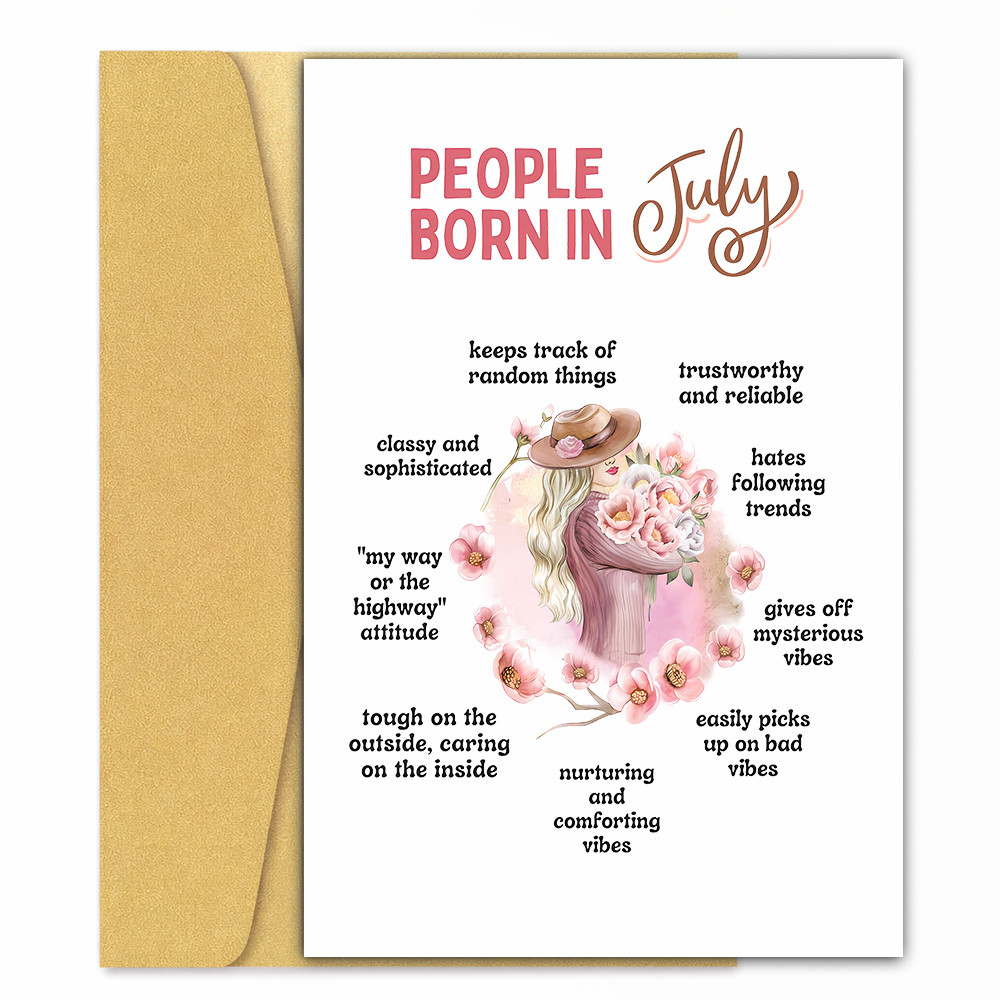 July Birthday Card with Floral Artwork and Personality Traits