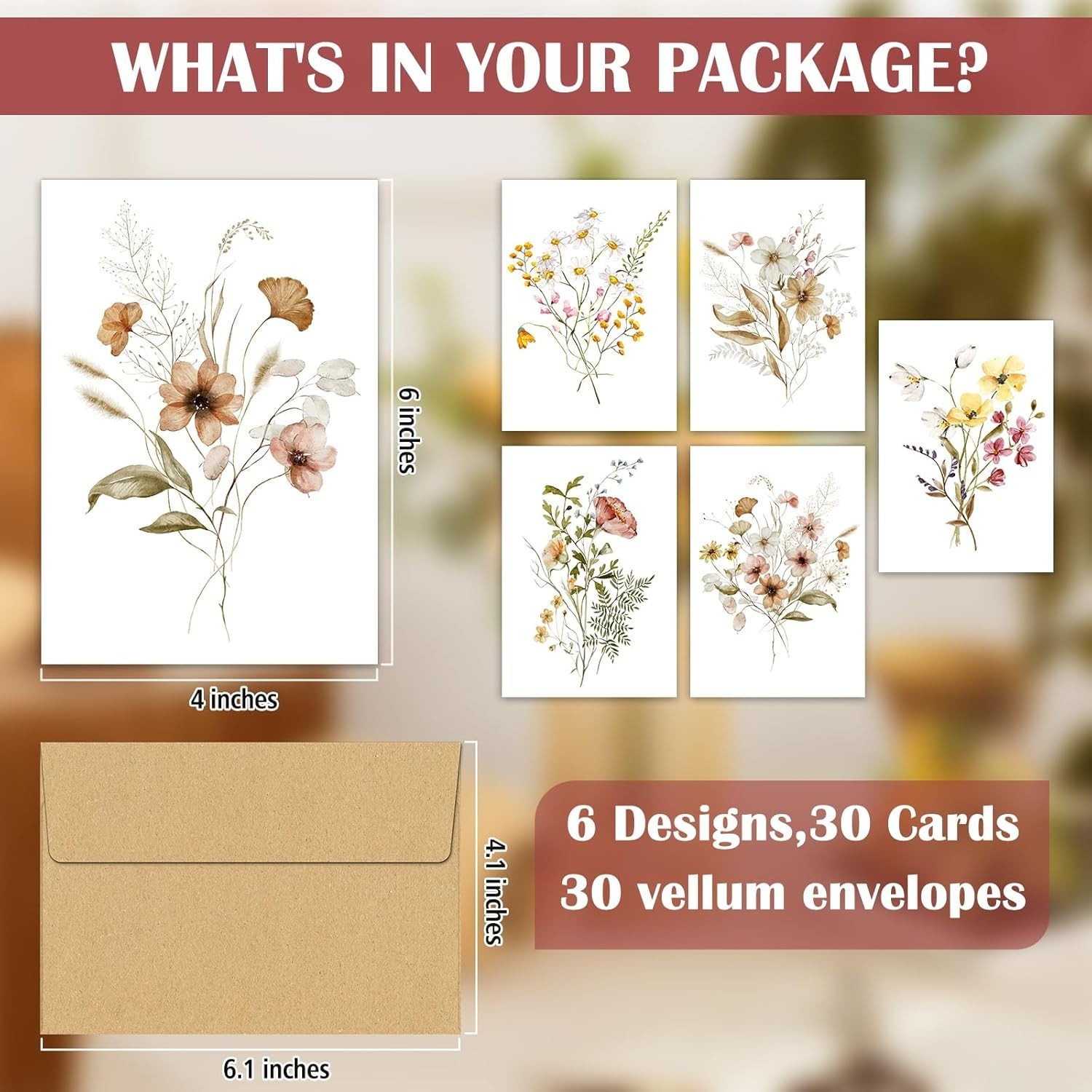 30 Blank Greeting Cards 4×6 with Envelopes Floral Note Cards Assorted Designs