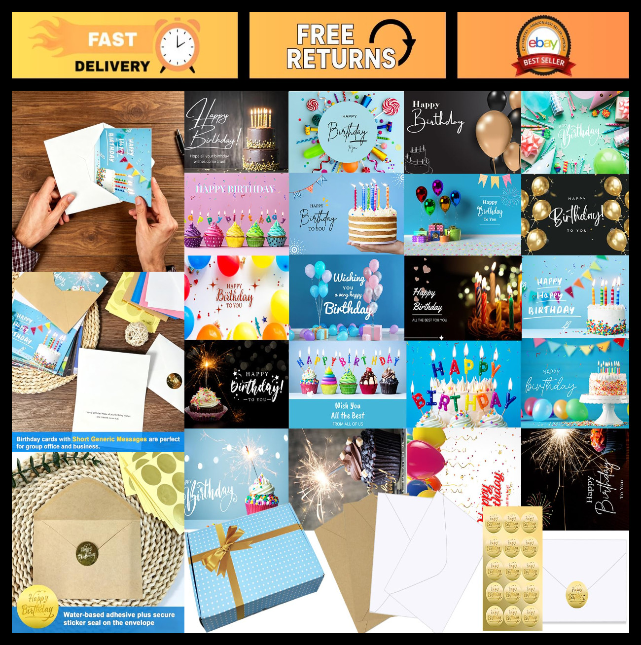 160 Bulk Birthday Cards with Envelopes, 20 Unique Designs, 4×6 inches, Generic M