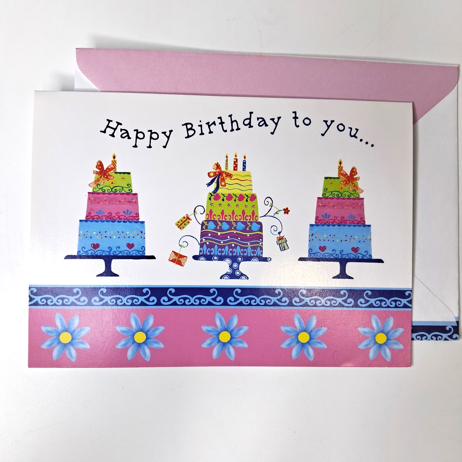 Happy Birthday Cakes Folded Card Envelope Pink Blue Yellow 3 Cakes 7.25 In High