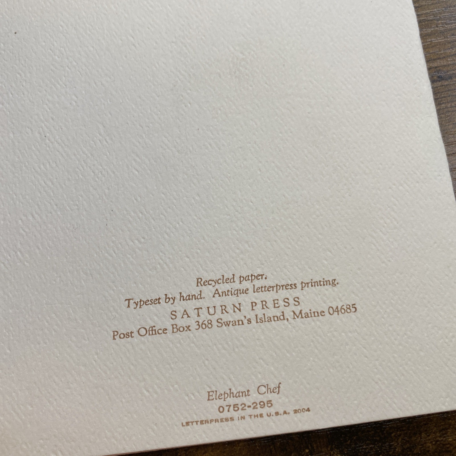 Saturn Press Maine Typeset Greeting Card New Blank Envelope Elephant Chef Cook