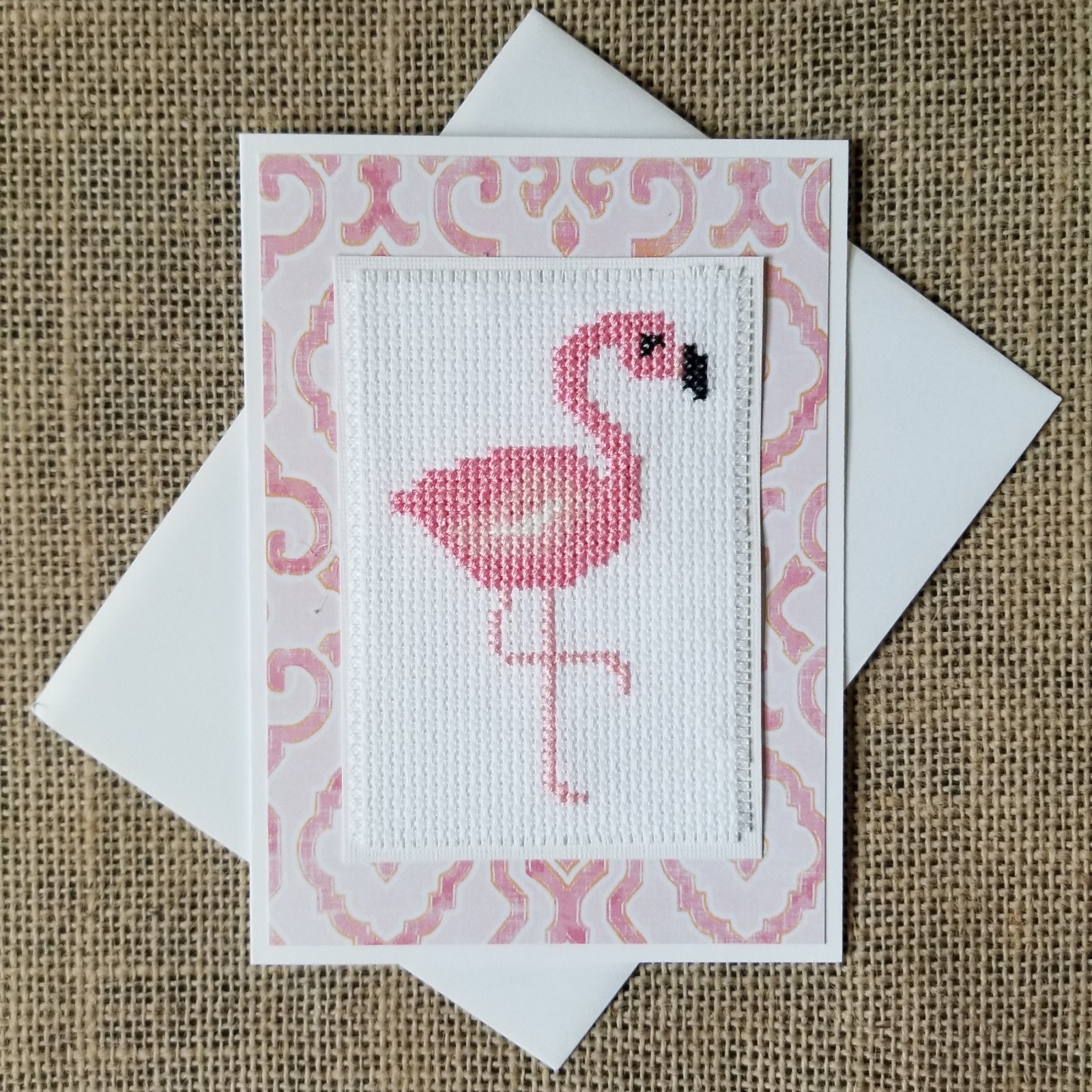 Finished Completed Cross Stitch Pink Flamingo Blank Note Greeting Card