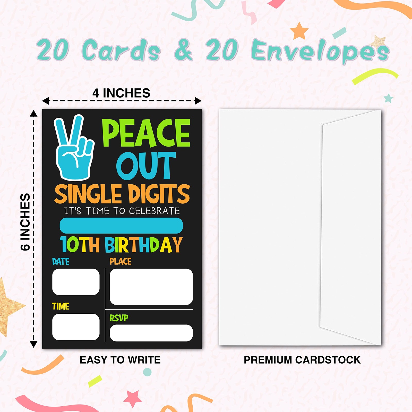 10th Birthday Party Invitations 4×6″ Peace Out Single Digits B08 20 PCS