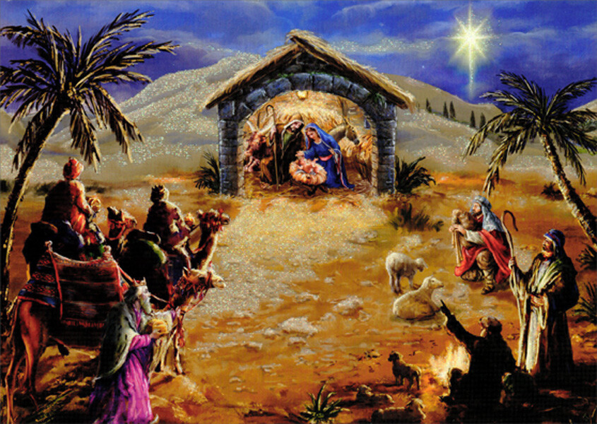 LPG Greetings Wise Men and Shepherds Arrive at Stable Religious Christmas Card
