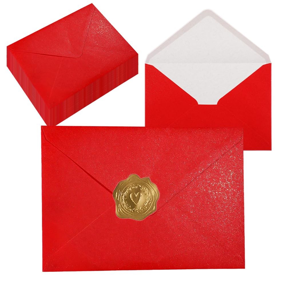 A7 Self-Sealing Red Sprinkle Gold Envelopes 50 Pcs – 5×7 Inches 5.31×7.67in P…