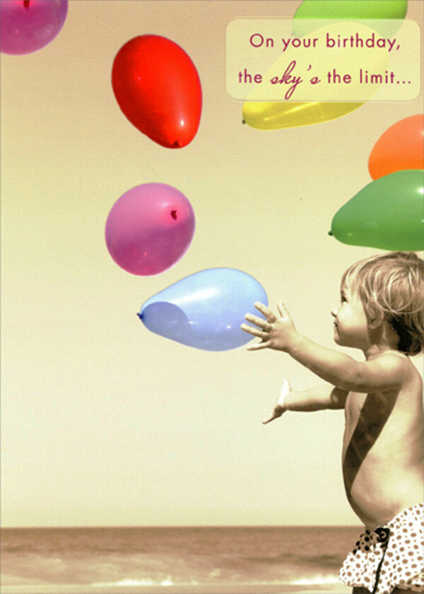Child Watching Colorful Floating Balloons at Beach Birthday Card