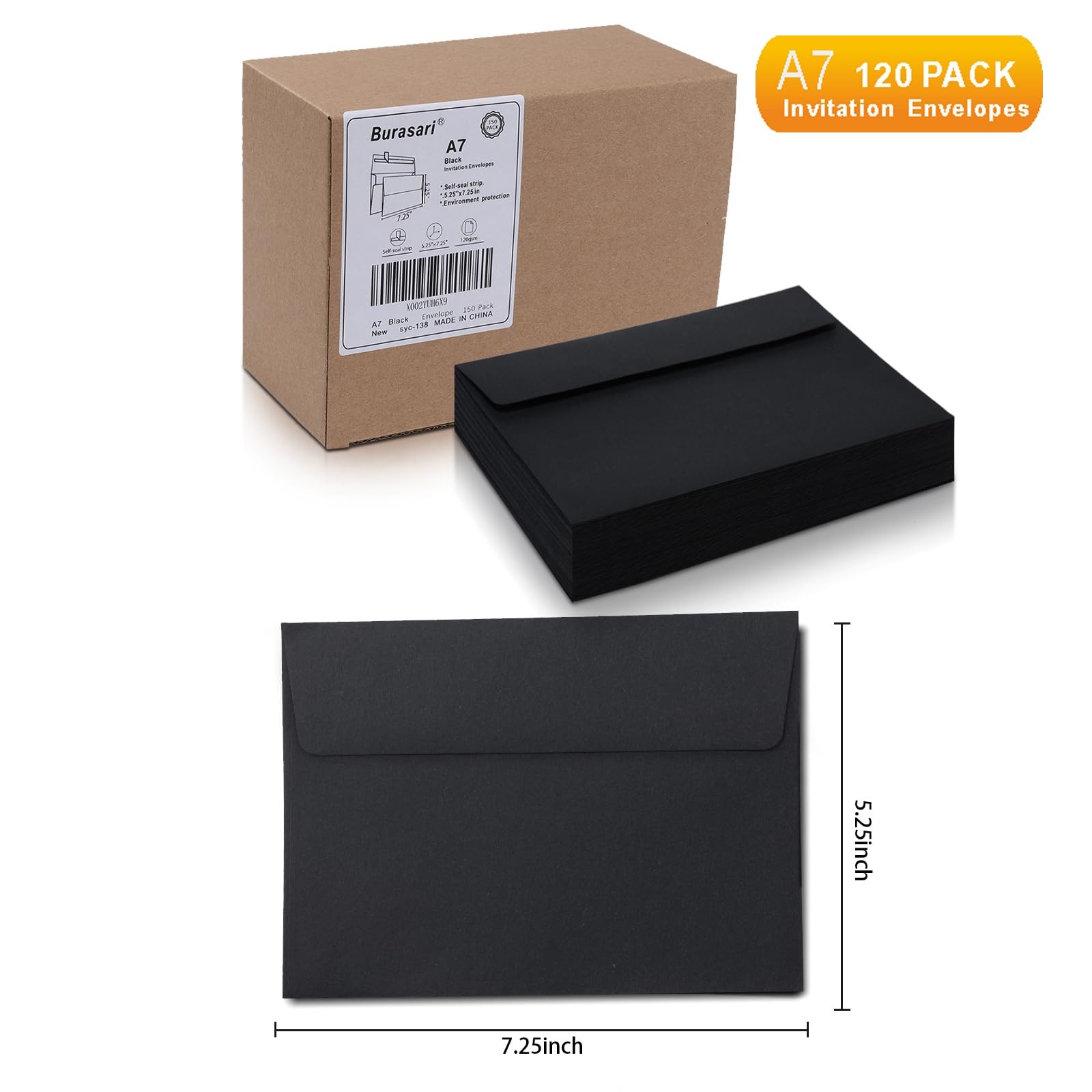 120 PCS A7 Black Invitation Envelopes 5.25×7.25 Inch 120GSM Self Seal Card