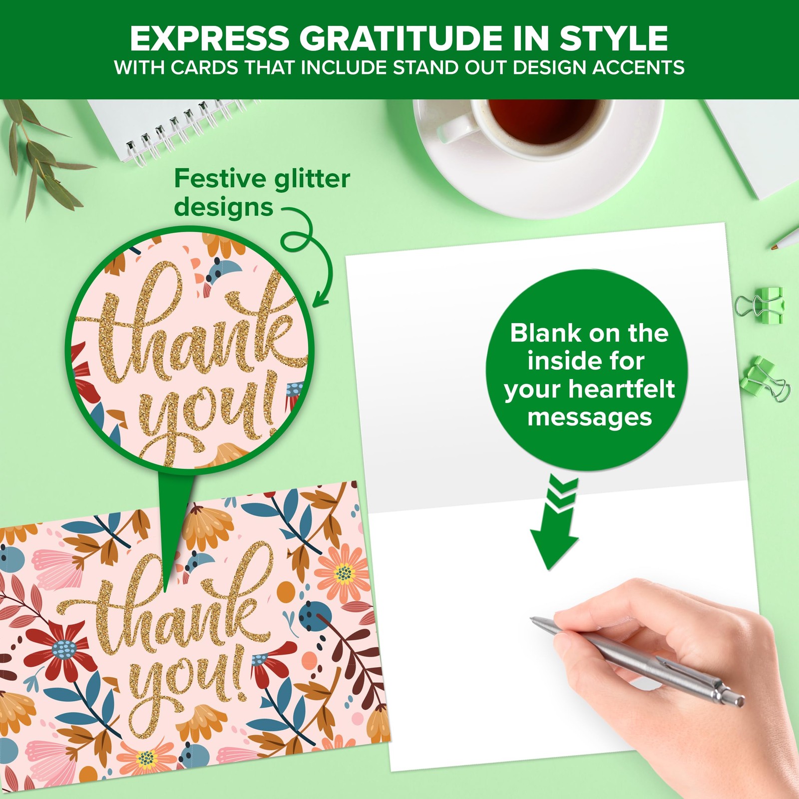 Decorably 24 Pack Glittery 6x4in Assorted Thank You Cards 6×4 inches, Glitter
