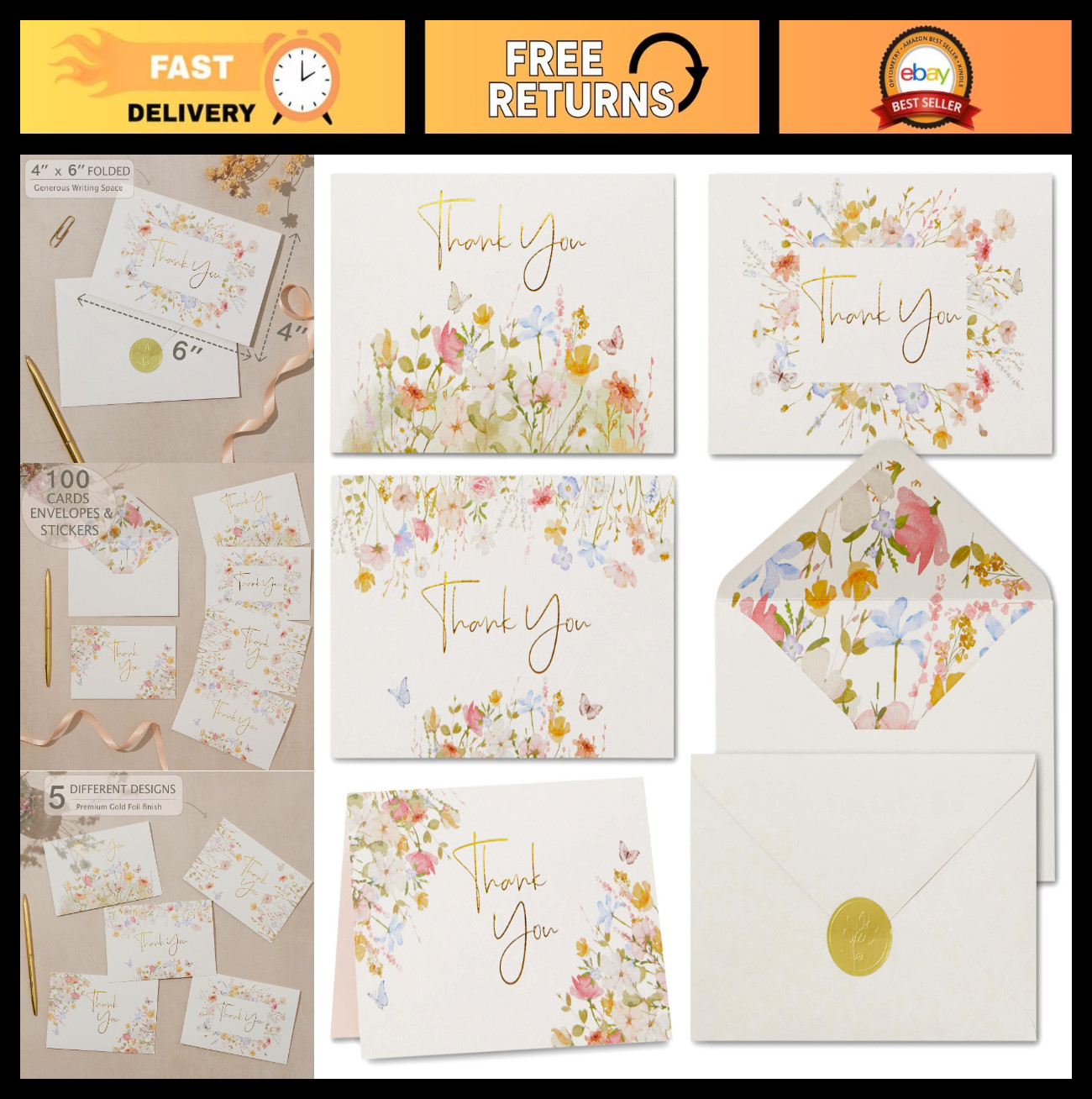 100 Floral Thank You Cards with Envelopes & Stickers – Wildflower Gold Foil Note