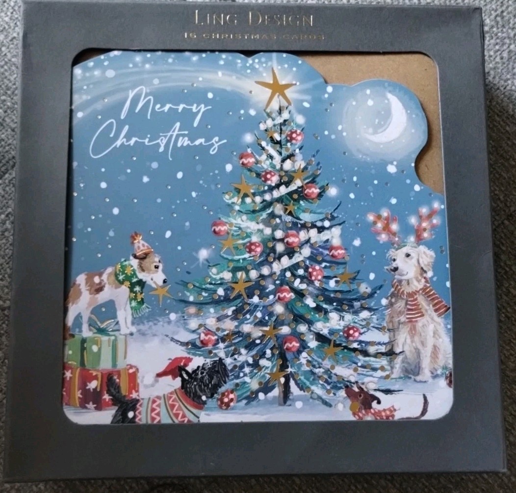 Set 16 Ling Design LUXURY CHRISTMAS CARDS FESTIVE DOGS DECORATE TREE dog NEW