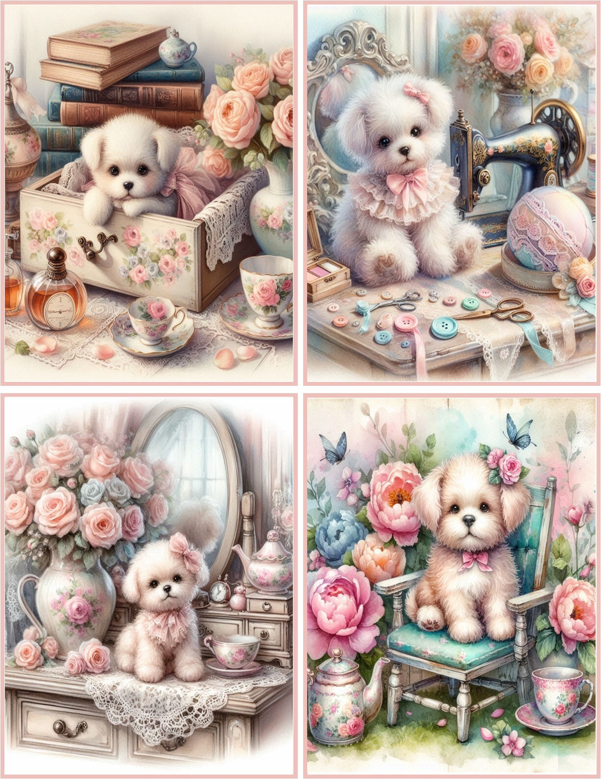 8 Puppy Dog Shabby Chic glossy blank fold out note cards w/envelopes organza bag