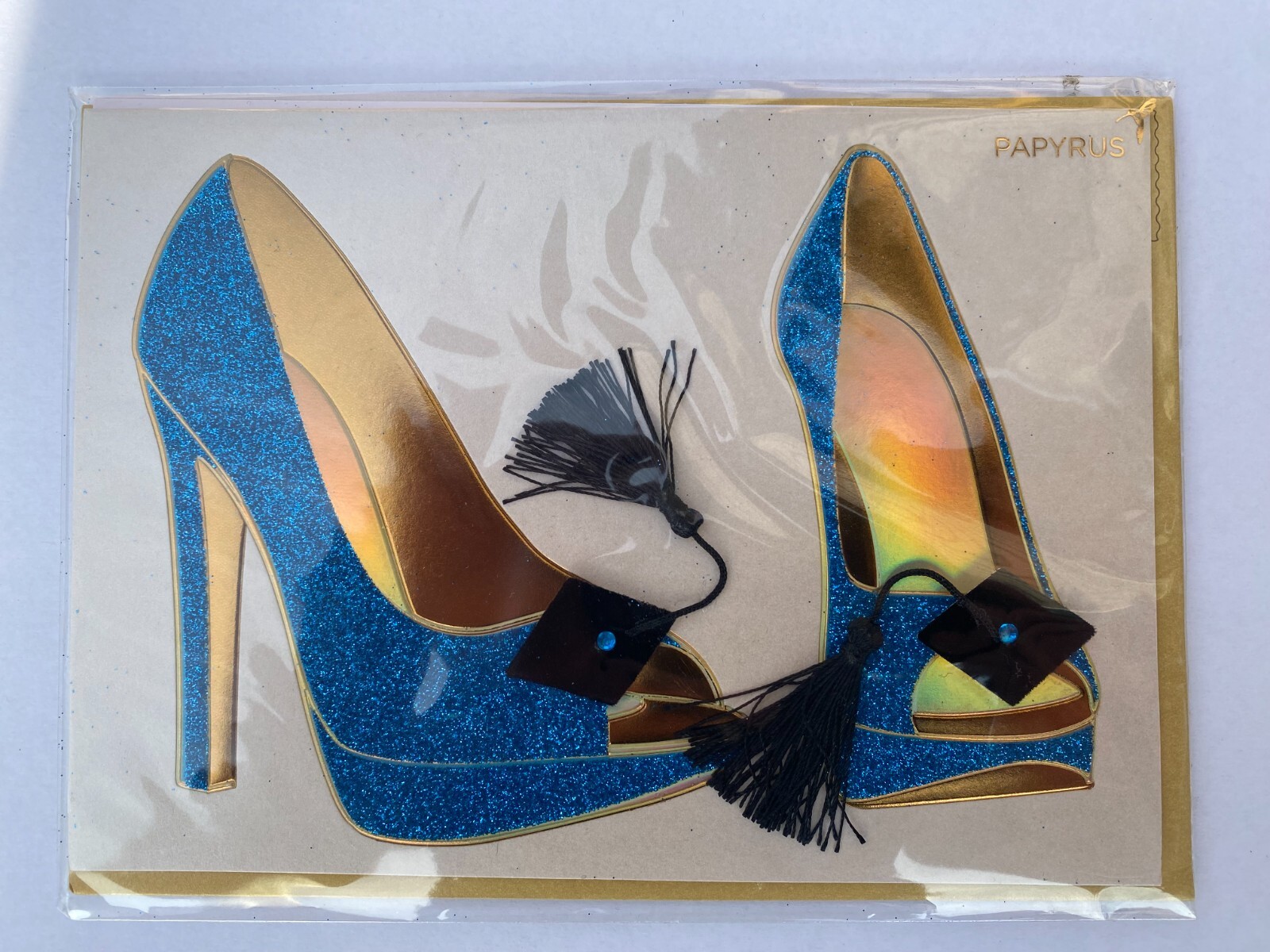 Papyrus Graduation Card New Sealed Raised Blue Glitter Shoes Tassels Bow Gold