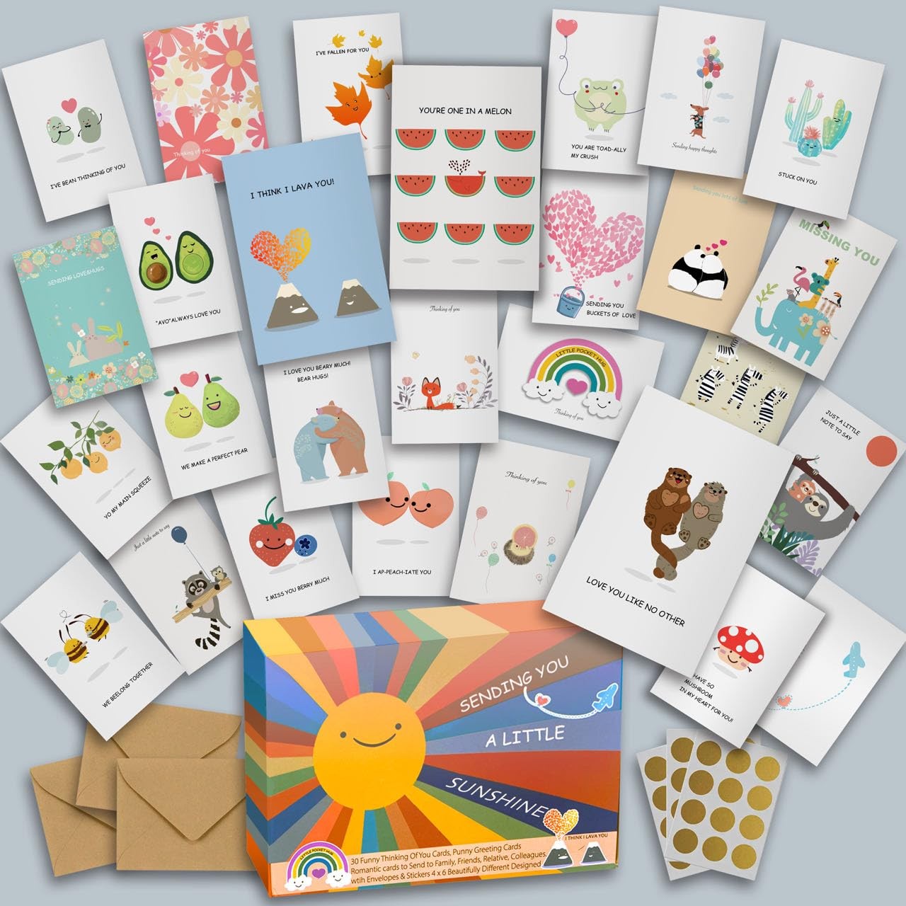 Thinking Of You Cards, 30 Punny Greeting Cards 4×6 inches, multicolor