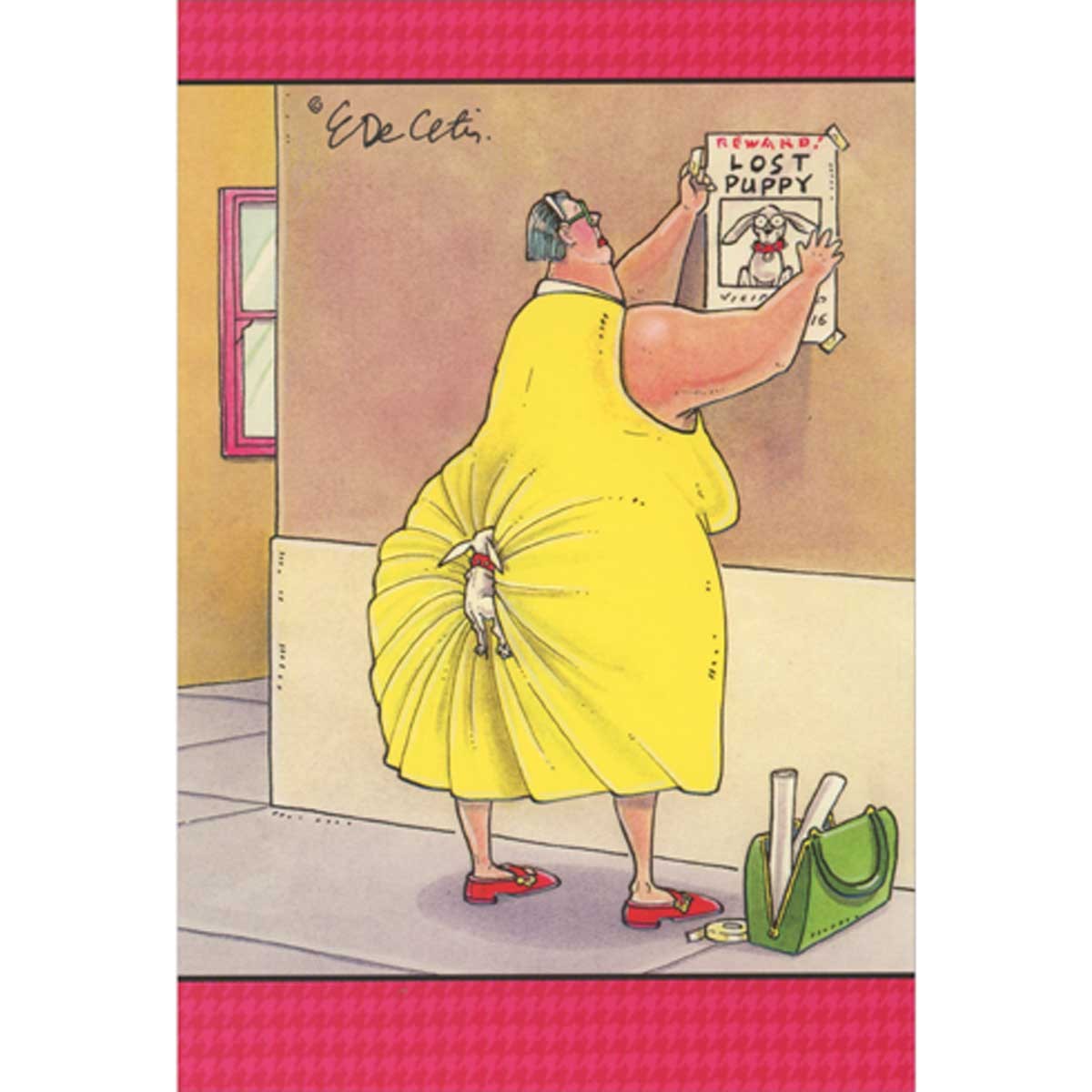 Pictura Woman in Yellow Dress Taping Lost Puppy Sign on Wall Funny Birthday Card