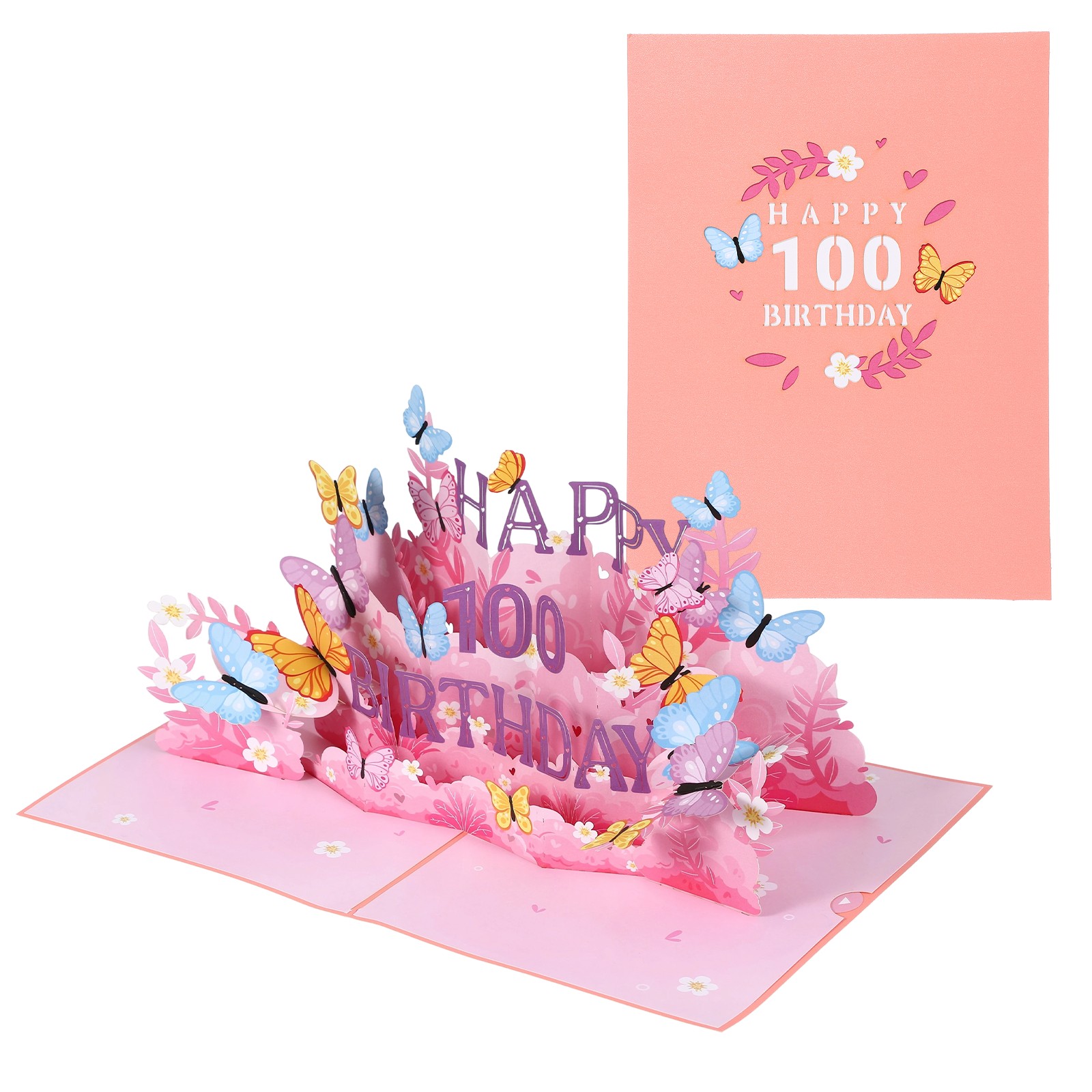 100th Birthday Card, 3D Flower Butterflies with Greeting Card and Envelope, Pink
