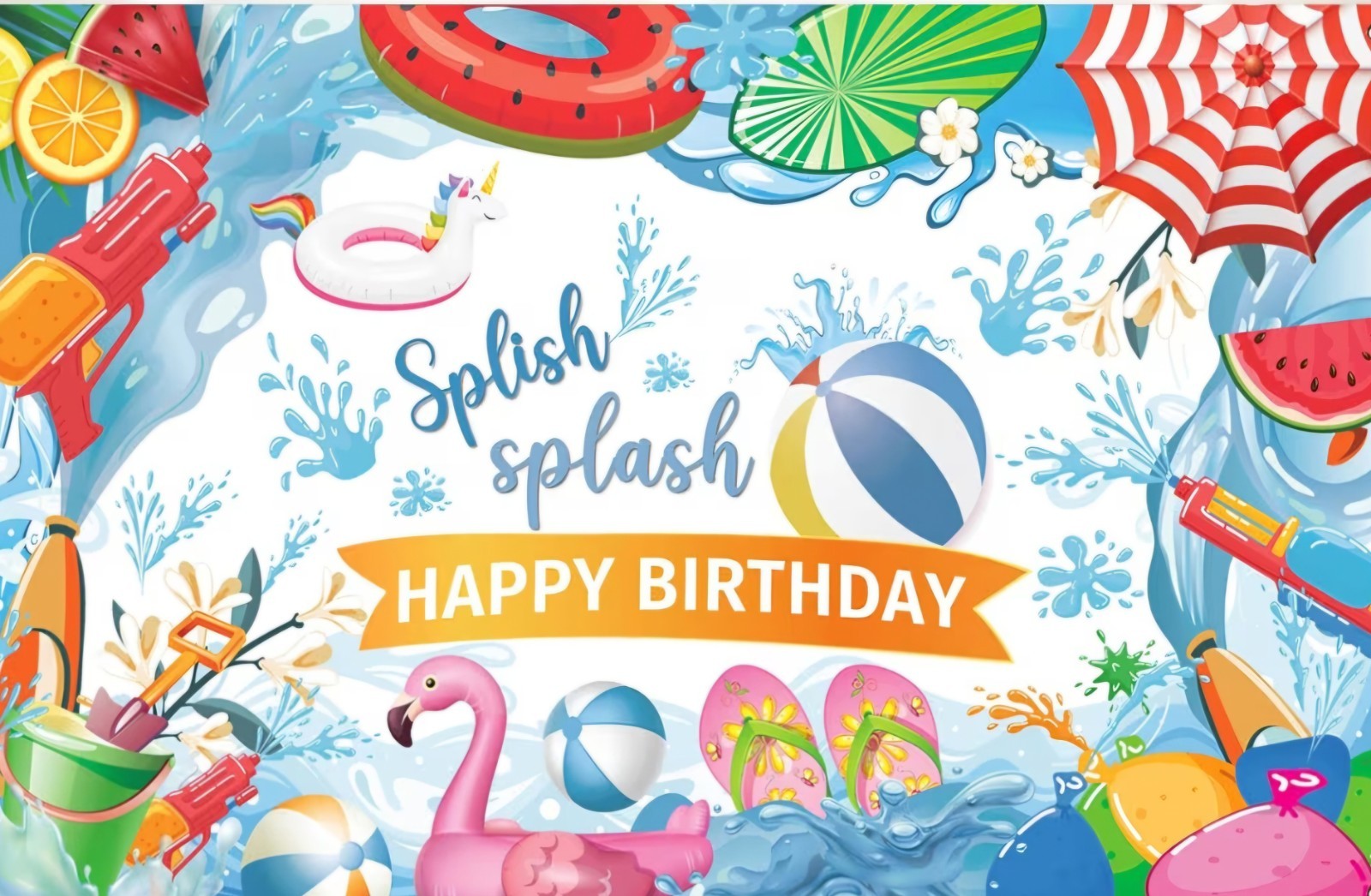 Summer Happy Birthday Party Backdrop 7x5ft Splish Splash Pool Banner Decoration