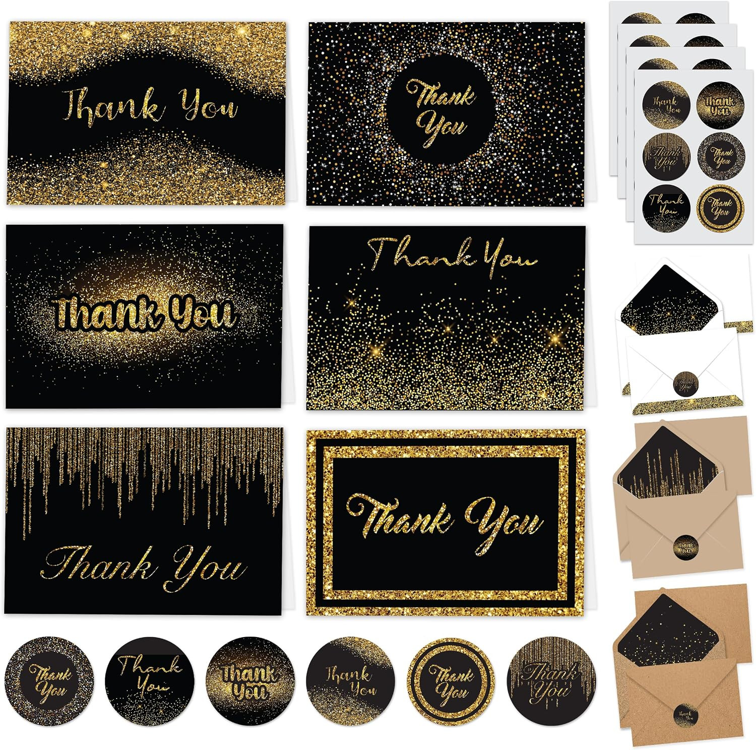 24 Pack Glittery 6x4in Black and Gold Thank You Cards with Envelopes & Stickers,