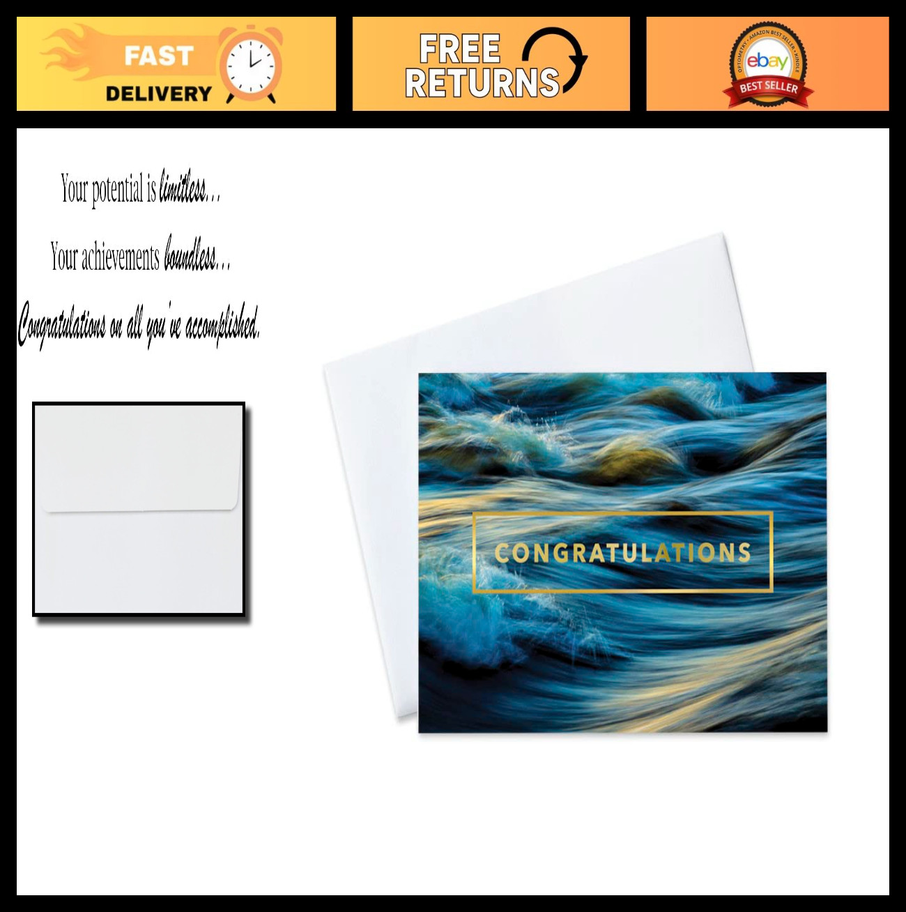 Graduation Congratulations Cards Bulk Pack of 25 – Blue & Gold Waves, 5×7″ Envel