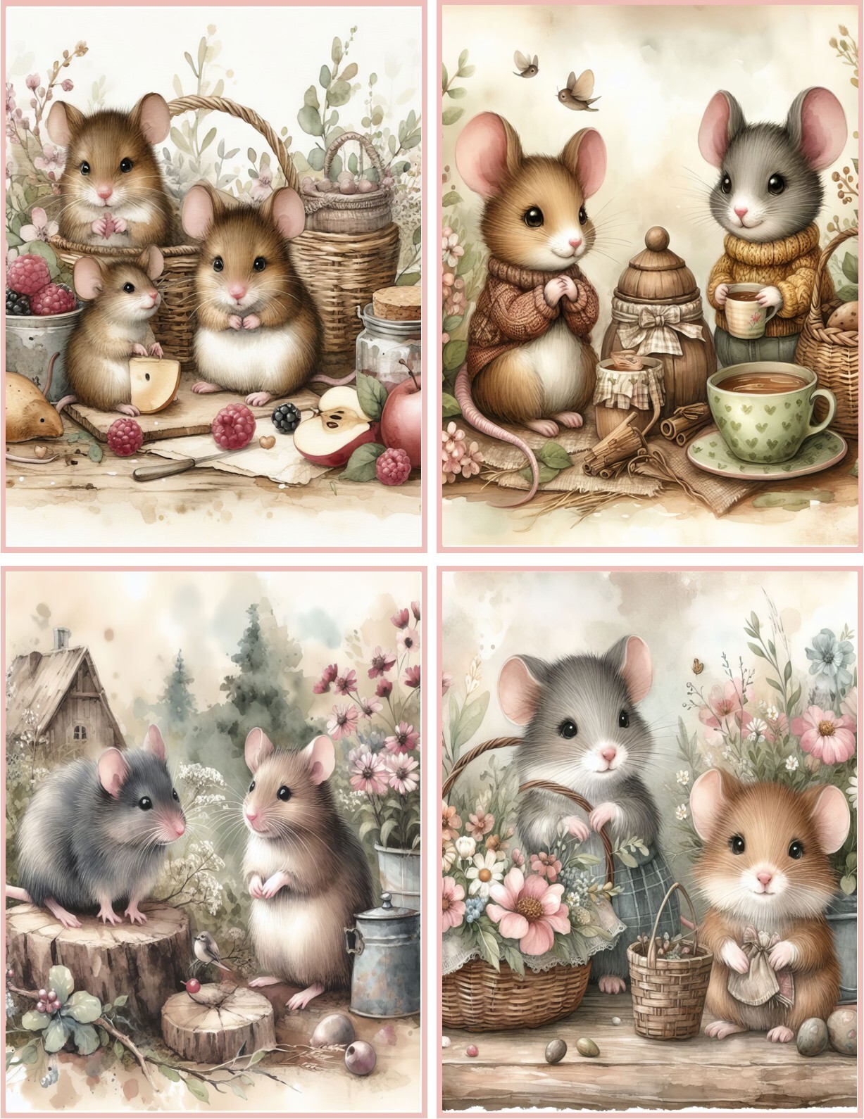 8 MICE FAMILY VINTAGE SHABBY CHIC FANTASY GLOSSY FOLD OUT BLANK NOTE CARD