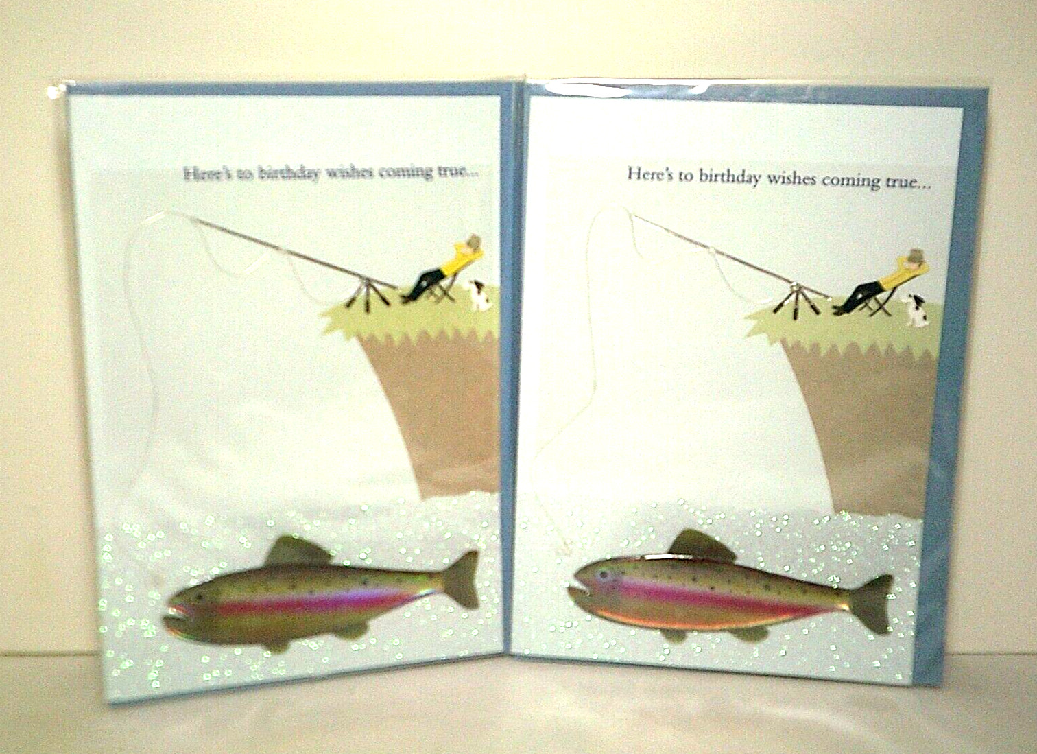 Papyrus 3D Fish Birthday Card Sleeping Man Fishing w/ Dog Acrylic Fish Lot of 2