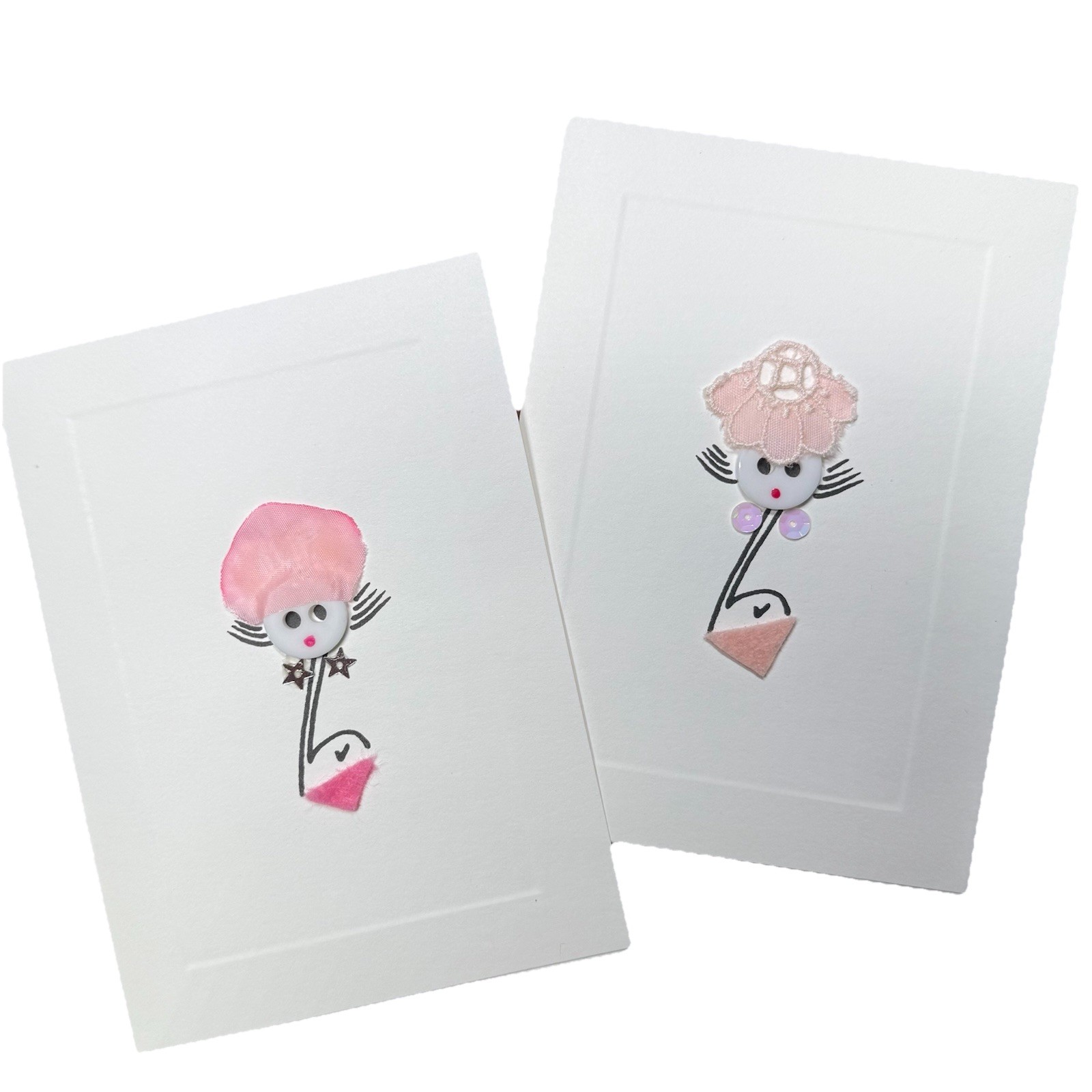 Set of 10 Greeting Cards, Handcrafted Fancy Hat Button Ladies w/ Envelopes