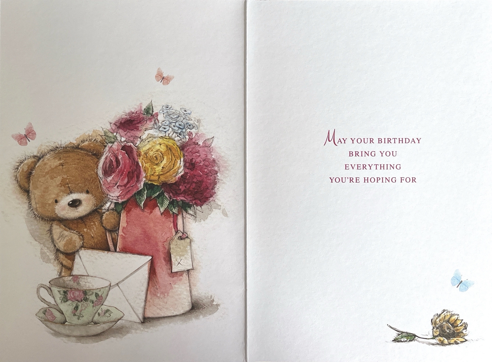 Open Female Birthday Card – Brown Bear Flowers in Jug and Tea Cup 7.75×5.25″