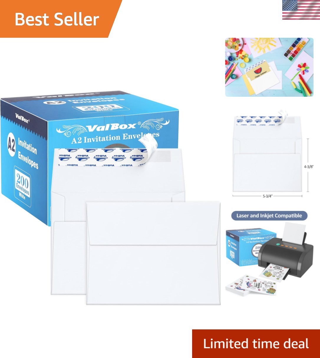 200 Count White A2 Self-Sealing Envelopes for Weddings & Announcements