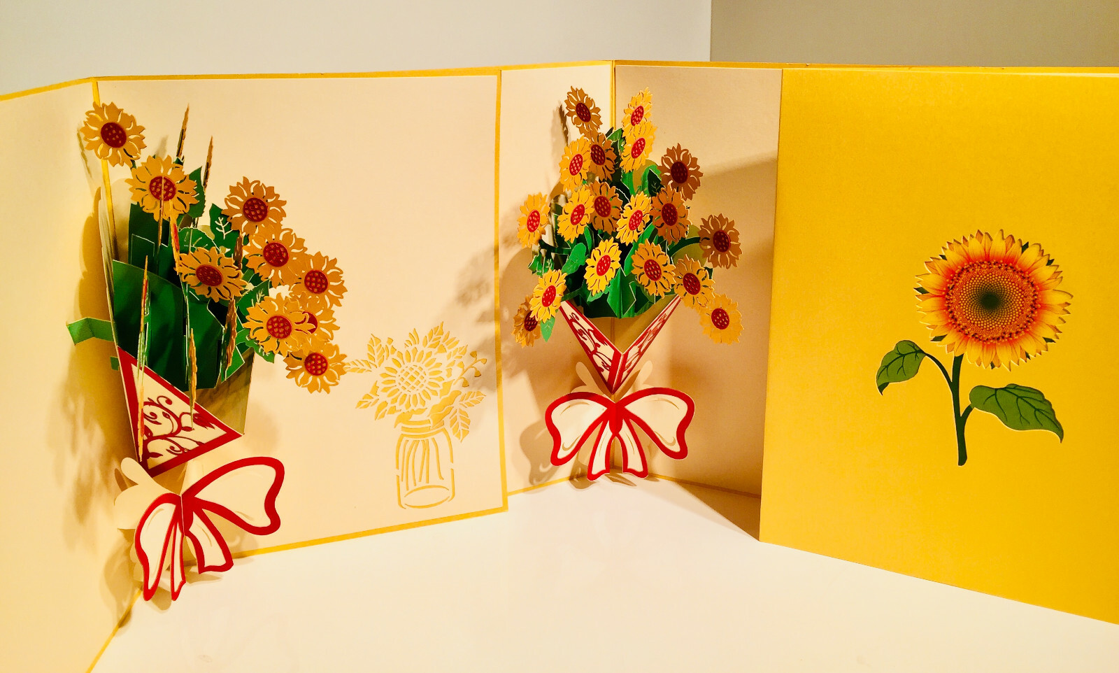 Origami Pop Cards Golden Sunflower Bouquet Wrap 3D Pop Up Greeting Card Birthday
