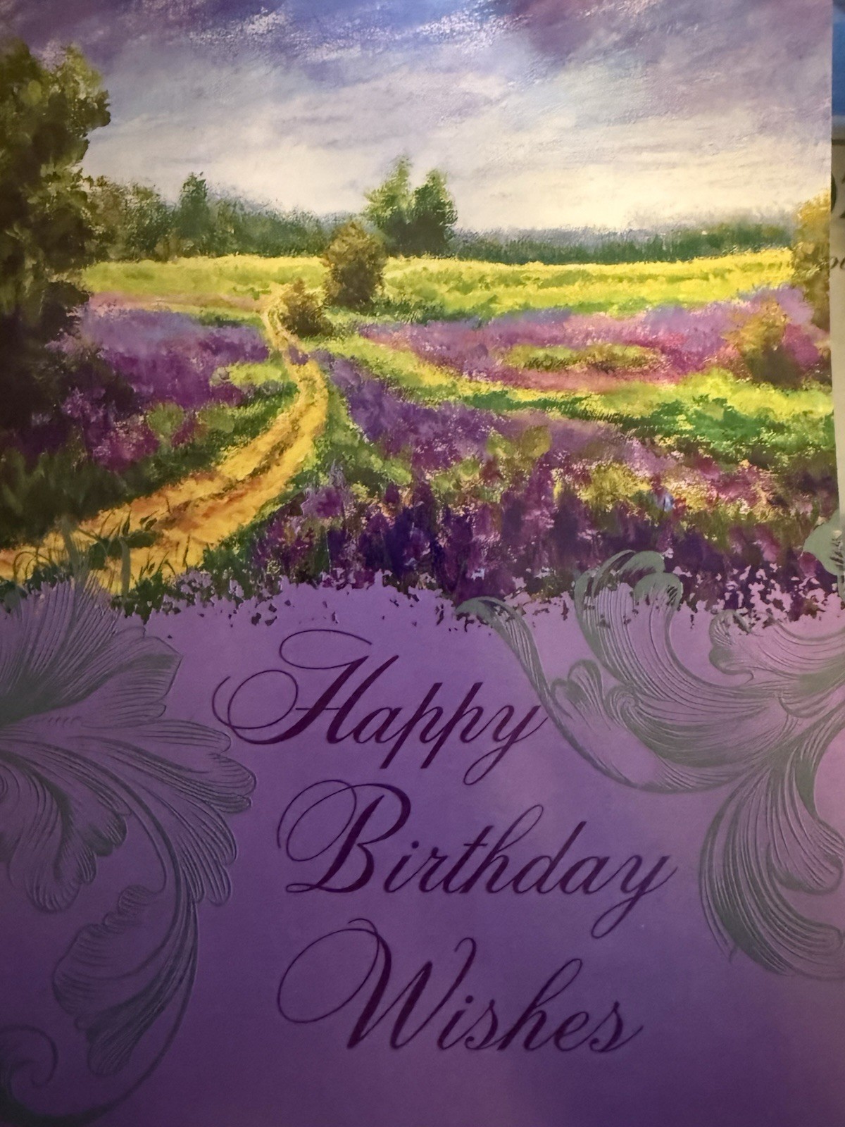“Happy Birthday Wishes” – colorful field with flowers – 5.5″ X 7.5″