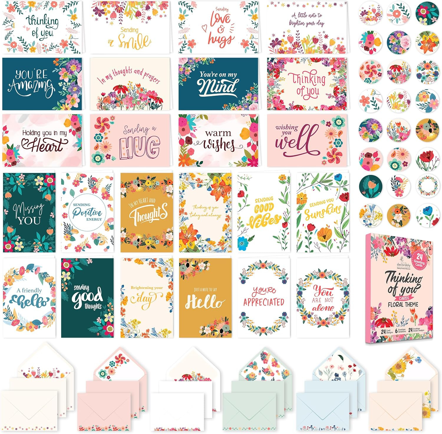 24 Pack 6X4In Floral Assorted Thinking of You Cards with Envelopes and Stickers,