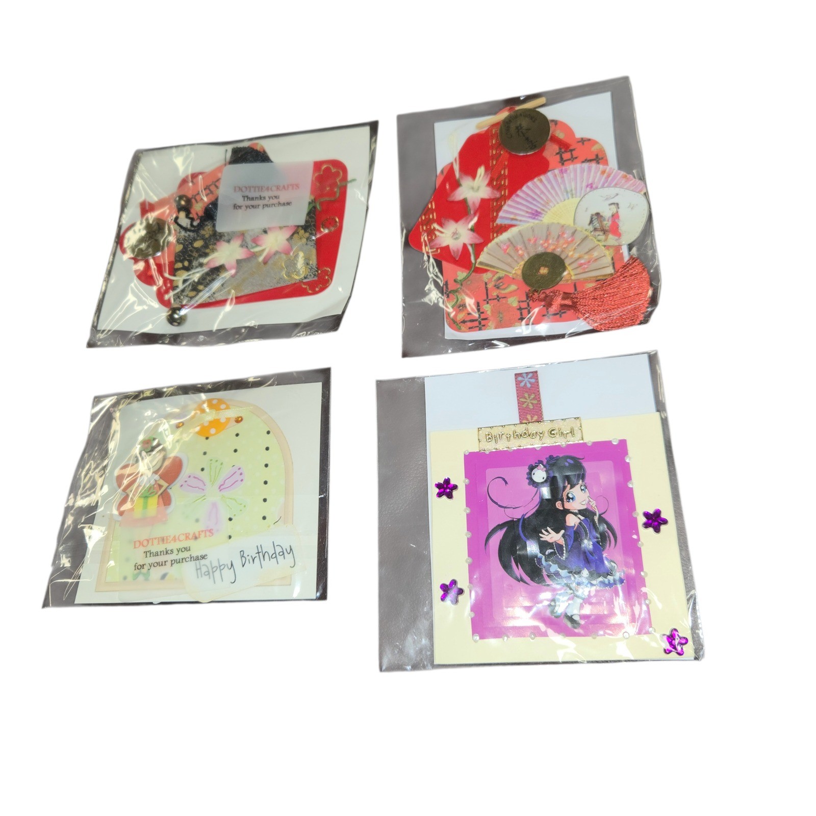 Dottie4Crafts Handmade Greeting Cards and Tags Set of 4 Asian Anime Birthday