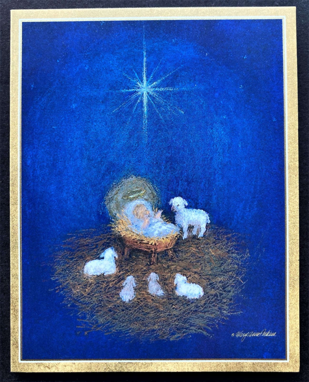 Box of 15 SMALL Caspari Christmas Cards Baby Jesus In Manger Sheep Golf Foil