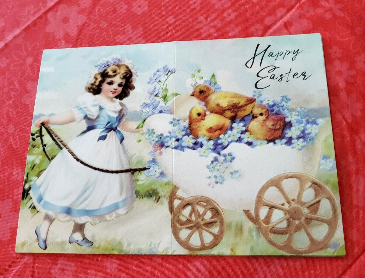 10 pcs HAPPY EASTER Girl Chicks in Pram Cards retro Victorian blank notes 5X7.5″