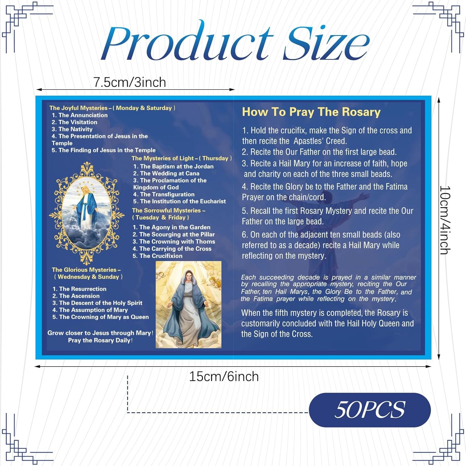 50 Pcs How to Pray The Rosary Pamphlet Prayer Cards 6 x 4 Inches Dark Blue